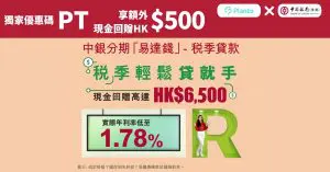 中銀香港稅季貸款優惠：以獨家優惠碼：PT申請分期「易達錢」享高達HK$6,500現金回贈!